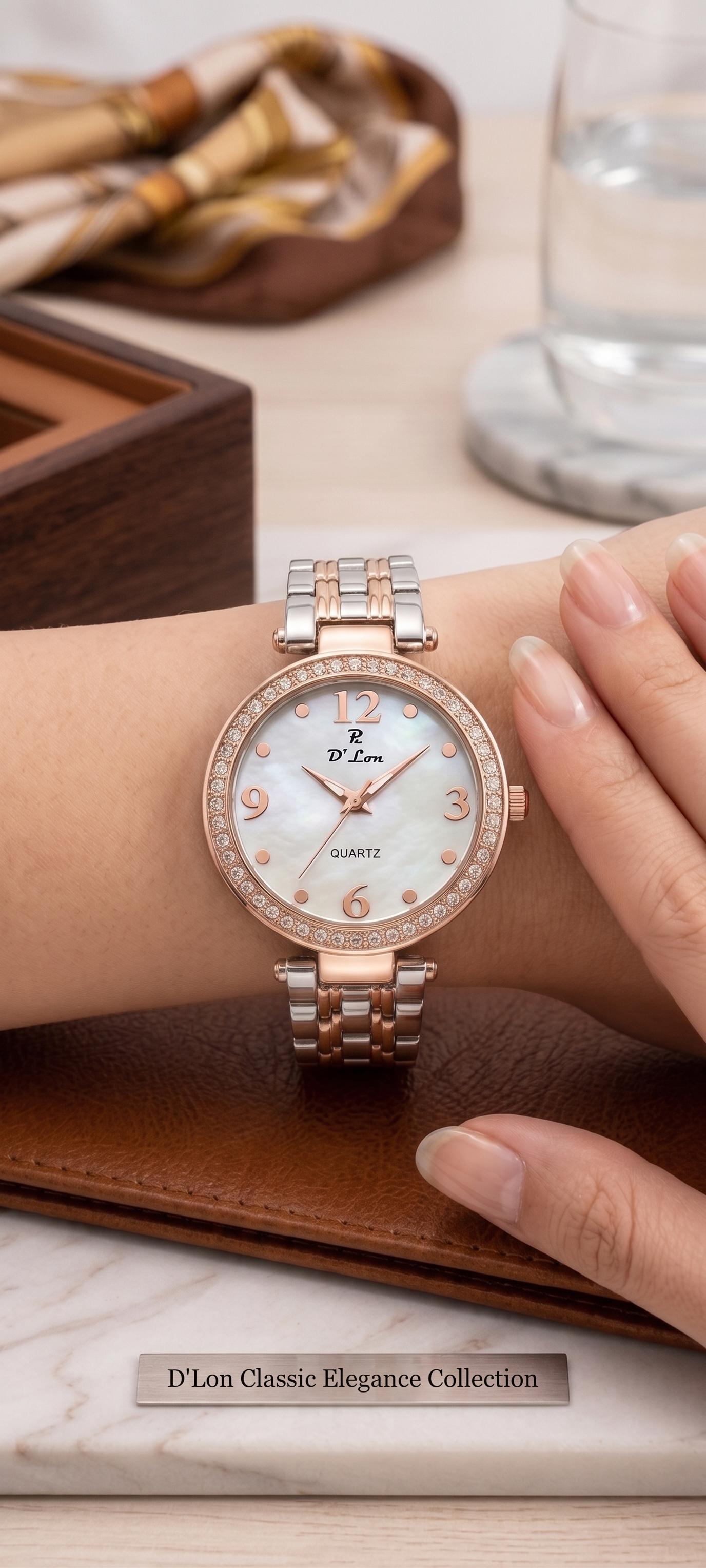 D'Lon Two-Tone Rose Gold & Silver Crystal Bezel Watch for Women
