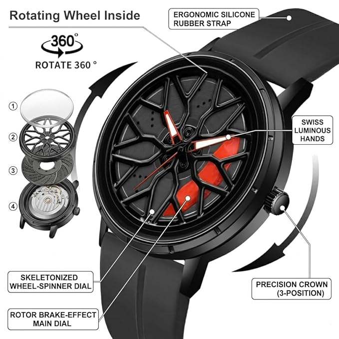 Shocknshop RevolveX Rotating Hollow Wheel Hub Creative Fashion Analog Silicone Magnetic Strap Wrist Watch for Men Boys -WCH368