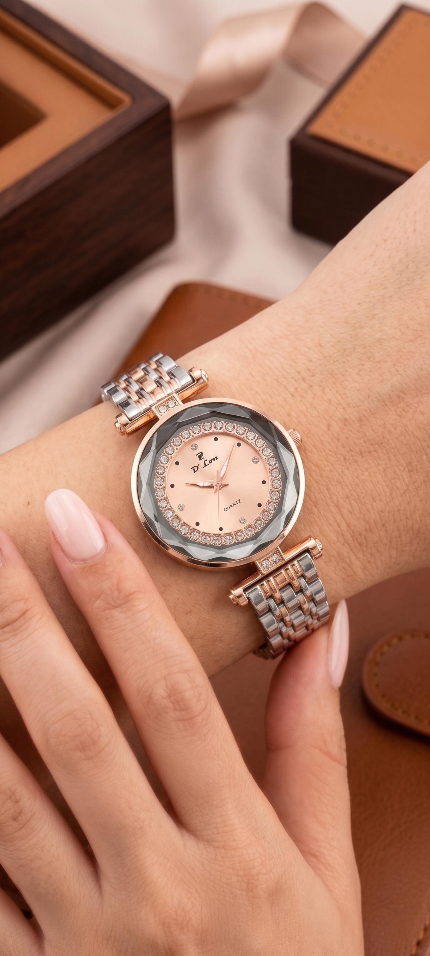 D'Lon Two-Tone Rose Gold & Silver Crystal Bezel Watch for Women