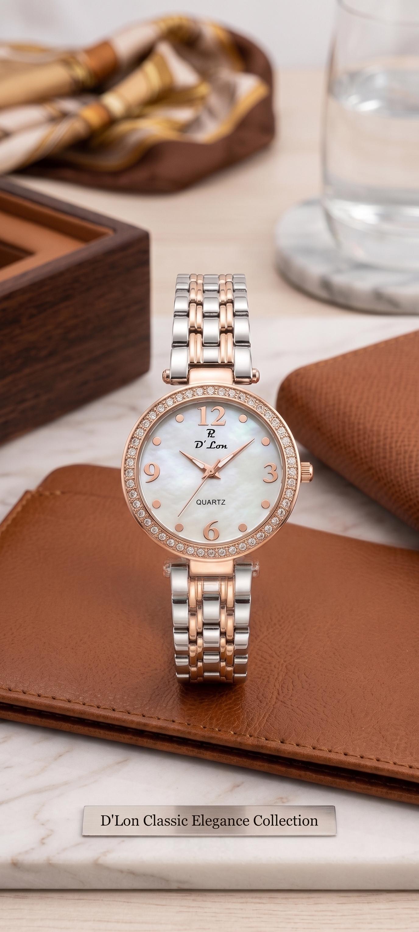 D'Lon Two-Tone Rose Gold & Silver Crystal Bezel Watch for Women