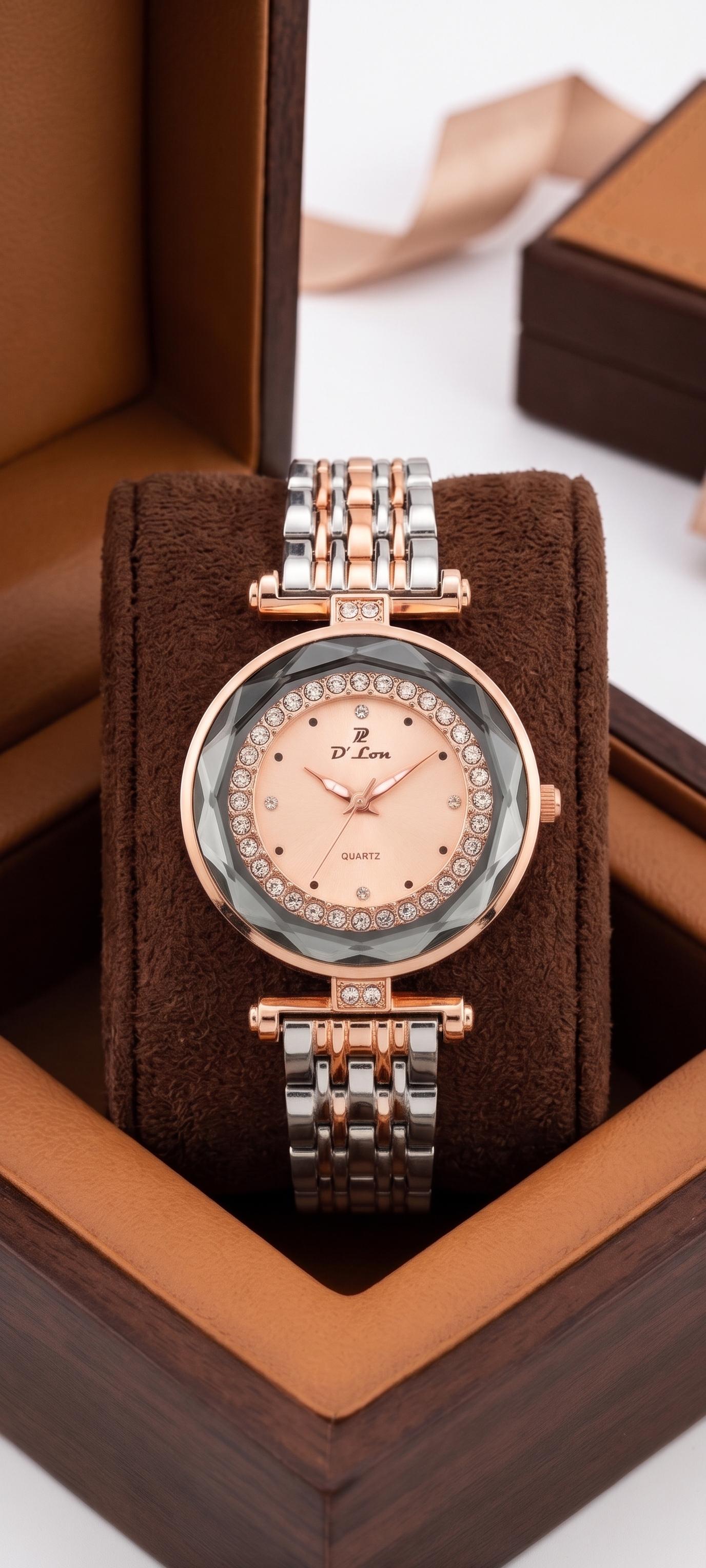 D'Lon Two-Tone Rose Gold & Silver Crystal Bezel Watch for Women